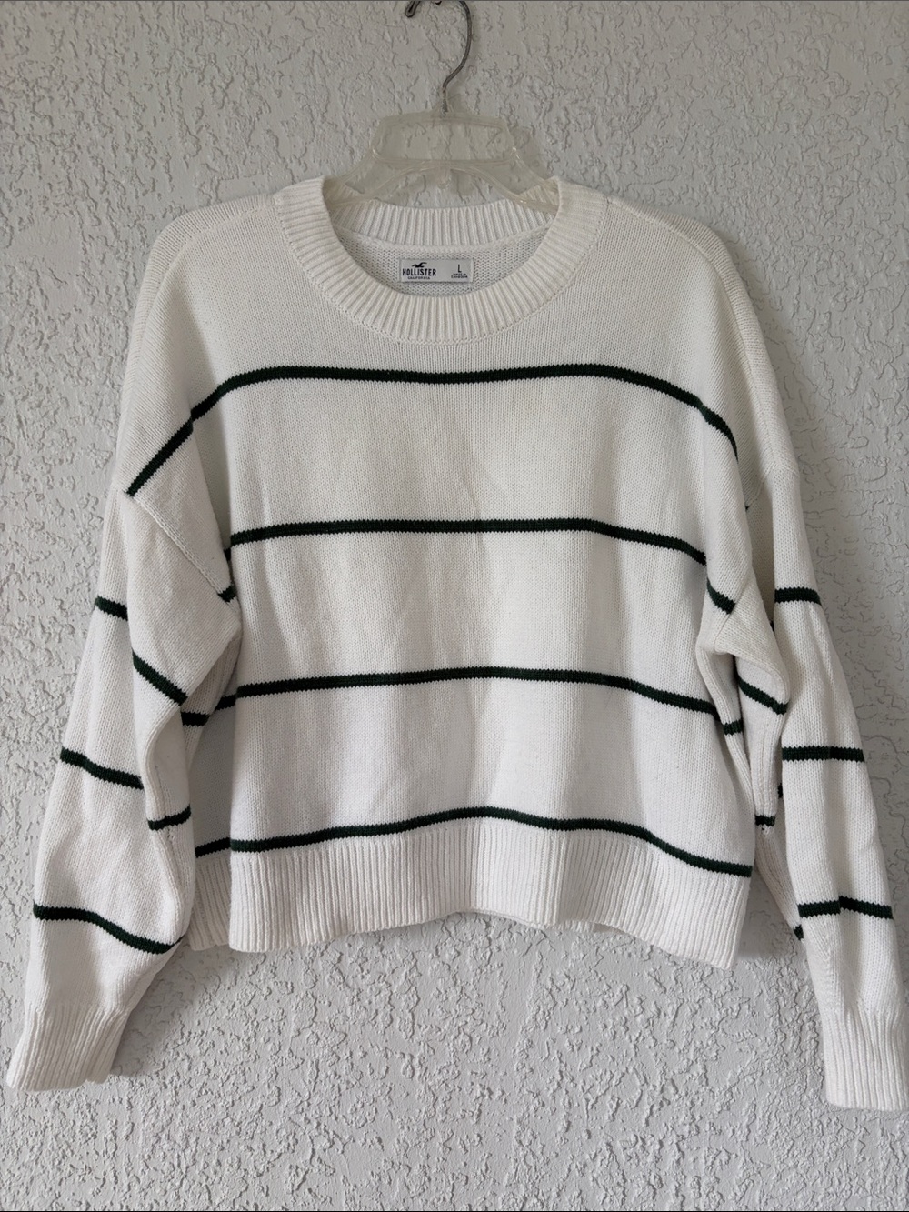 Hollister White Crewneck oversized Sweater with Dark Green Stripes size L